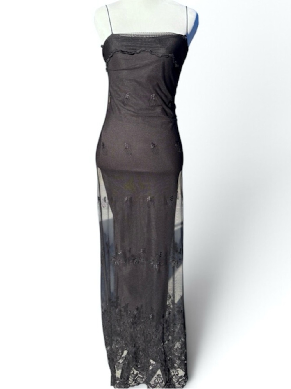 Vintage Black Sheer Lace Trim Maxi Slip Dress